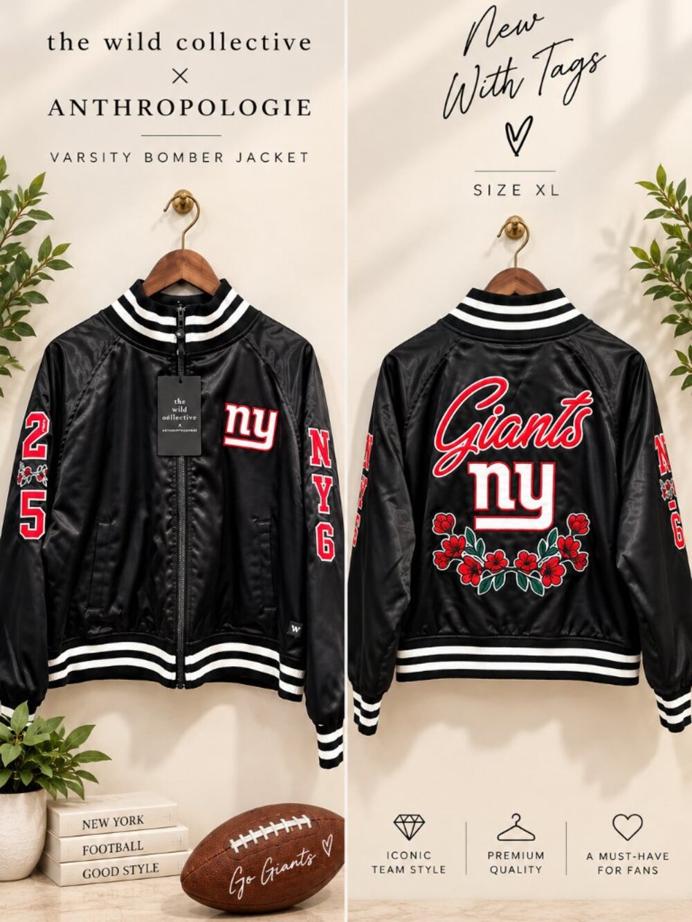 NWT Anthropologie Large The Wild Collective NFL NY Giants Bomber Jacket